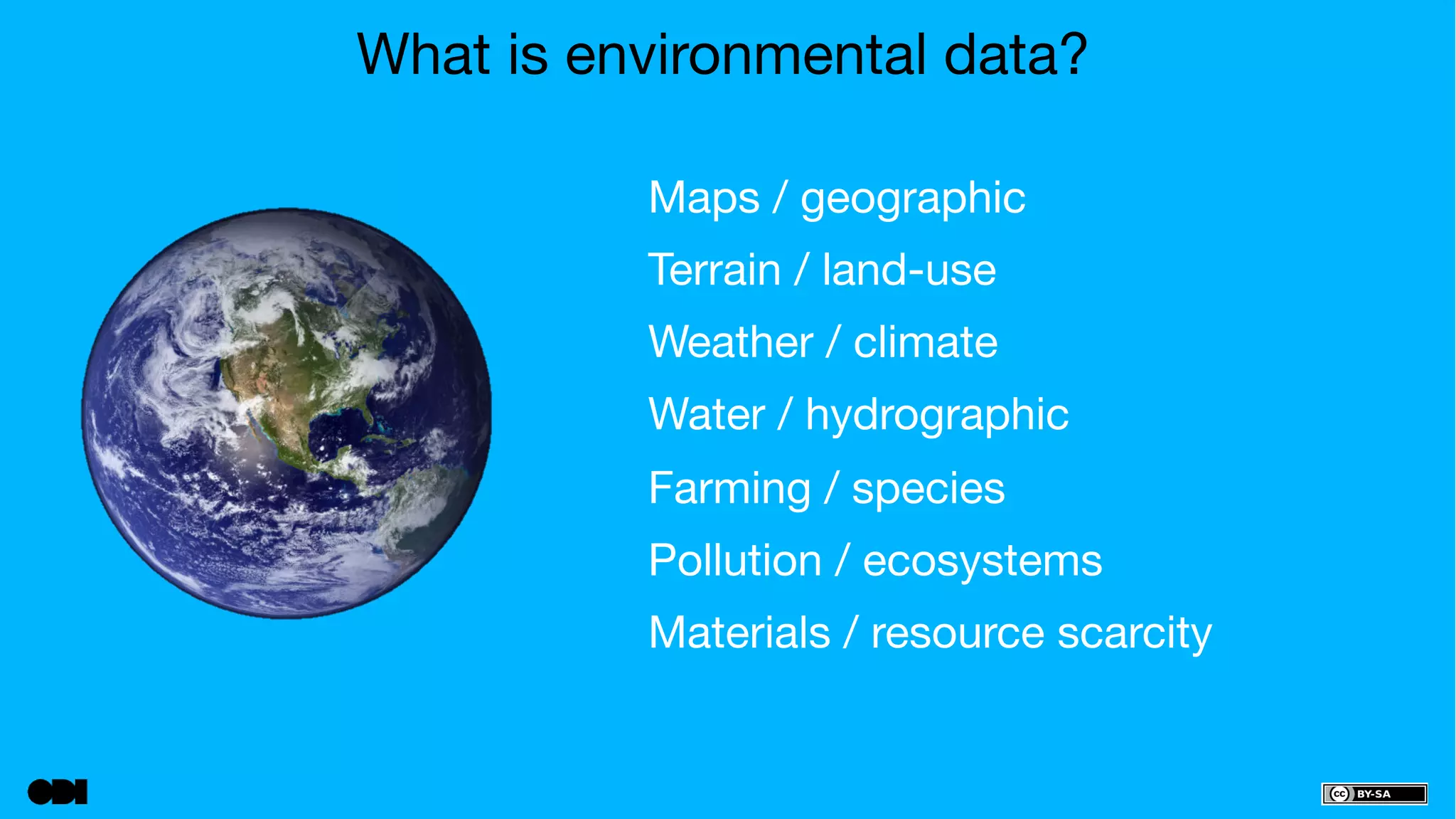 What is environmental data? 
Maps / geographic 
Terrain / land-use 
Weather / climate 
Water / hydrographic 
Farming / species 
Pollution / ecosystems 
Materials / resource scarcity 
 