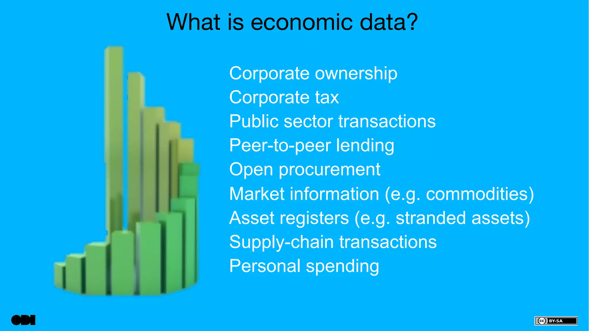 What is economic data? 
Corporate ownership 
Corporate tax 
Public sector transactions 
Peer-to-peer lending 
Open procurement 
Market information (e.g. commodities) 
Asset registers (e.g. stranded assets) 
Supply-chain transactions 
Personal spending 
 