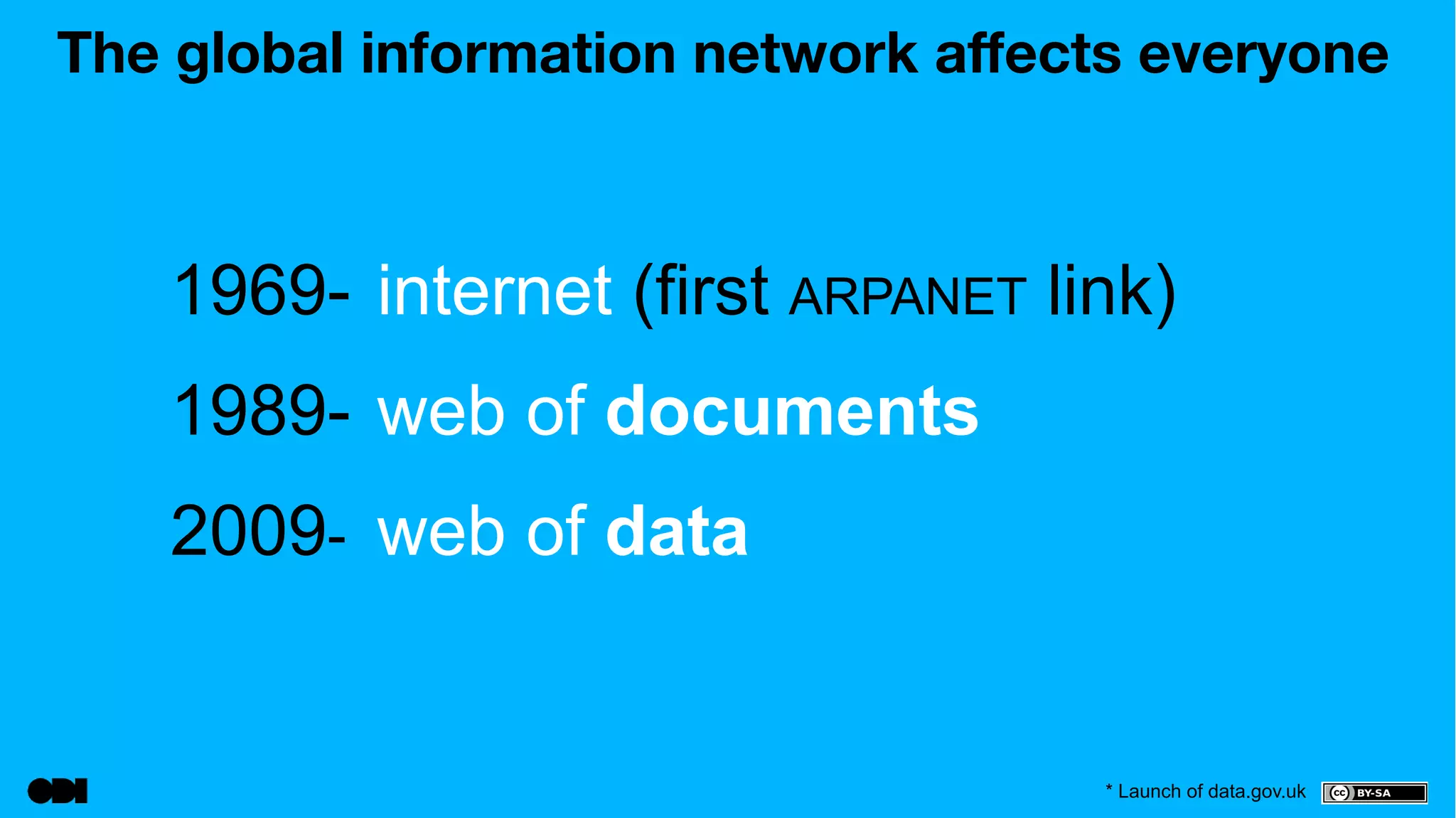 The global information network affects everyone 
1969- internet (first ARPANET link) 
1989- web of documents 
2009- web of data 
* Launch of data.gov.uk 
 
