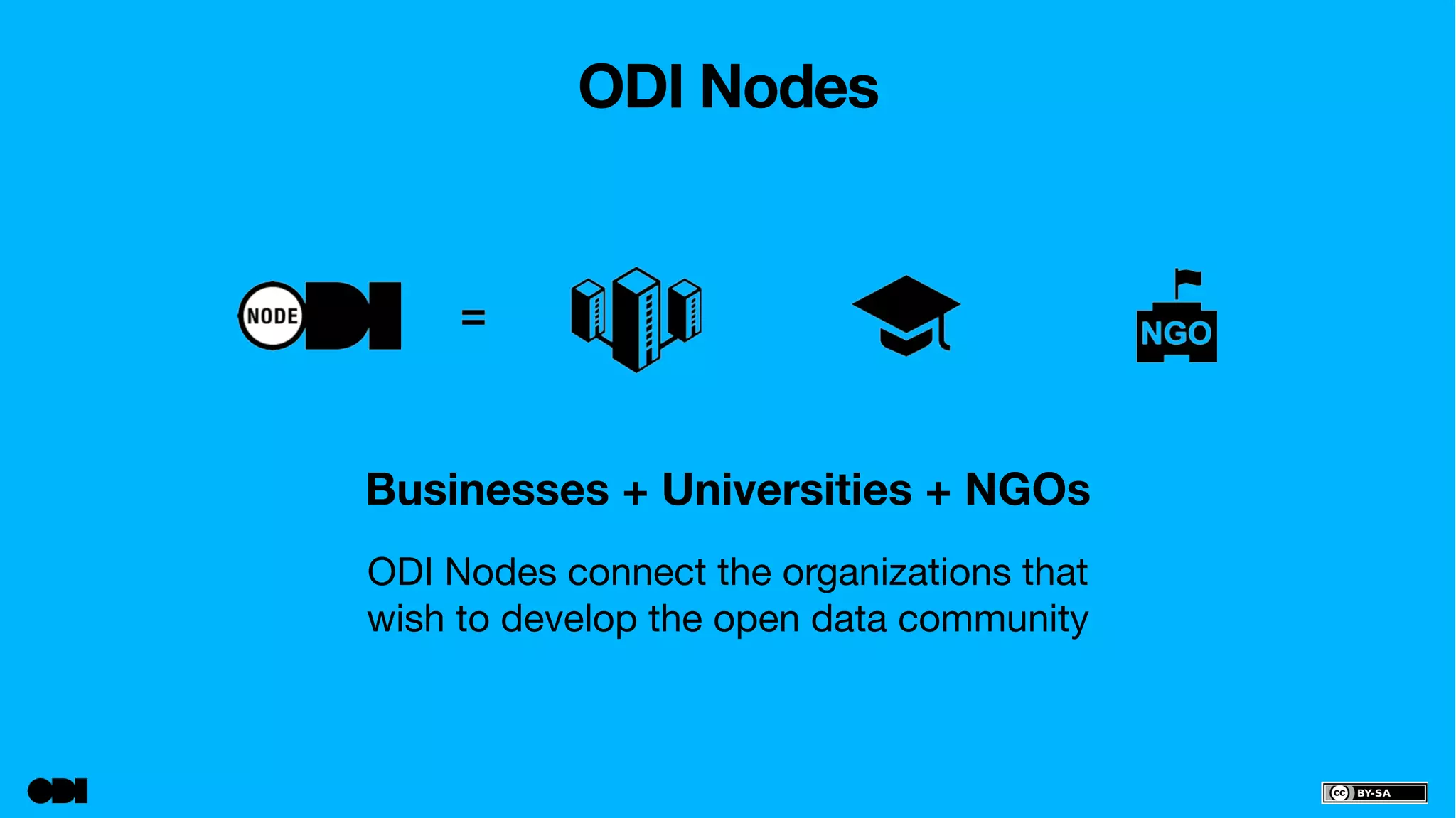ODI Nodes 
Businesses + Universities + NGOs 
ODI Nodes connect the organizations that 
wish to develop the open data community 
 