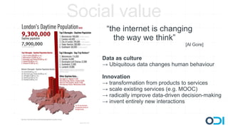 Social value
     “the internet is changing
       the way we think”
                                    [Al Gore]


    Data as culture
    → Ubiquitous data changes human behaviour

    Innovation
    → transformation from products to services
    → scale existing services (e.g. MOOC)
    → radically improve data-driven decision-making
    → invent entirely new interactions
 