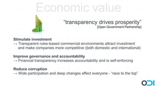 Economic value
                             “transparency drives prosperity”
                                                 [Open Government Partnership]



Stimulate investment
→ Transparent rules-based commercial environments attract investment
   and make companies more competitive (both domestic and international)

Improve governance and accountability
→ Financial transparency increases accountability and is self-enforcing

Reduce corruption
→ Wide participation and deep changes affect everyone - “race to the top”
 