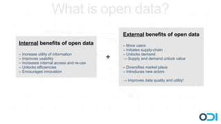 What is open data?
                                             External benefits of open data
Internal benefits of open data               – More users
                                             – Initiates supply-chain
– Increase utility of information            – Unlocks demand
– Improves usability                     +   → Supply and demand unlock value
– Increases internal access and re-use
– Unlocks efficiencies                       – Diversifies market place
– Encourages innovation                      – Introduces new actors

                                             → Improves data quality and utility!
 