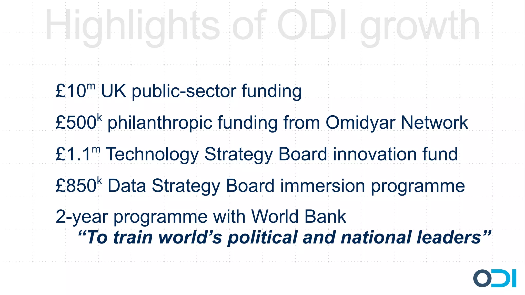 Highlights of ODI growth
£10m UK public-sector funding
£500k philanthropic funding from Omidyar Network
    m
£1.1 Technology Strategy Board innovation fund
£850k Data Strategy Board immersion programme
2-year programme with World Bank
  “To train world’s political and national leaders”
 