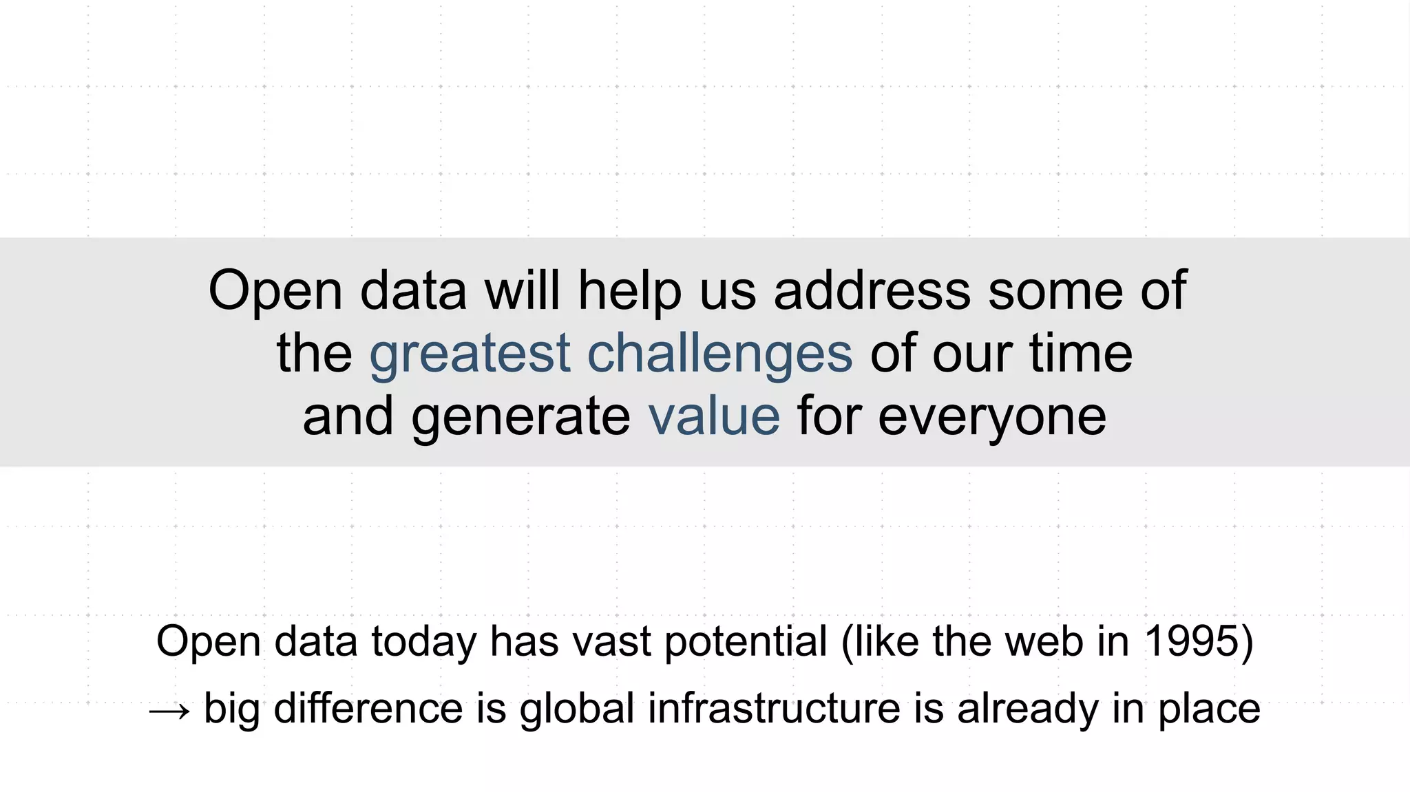 Open data will help us address some of
     the greatest challenges of our time
      and generate value for everyone


Open data today has vast potential (like the web in 1995)
→ big difference is global infrastructure is already in place
 