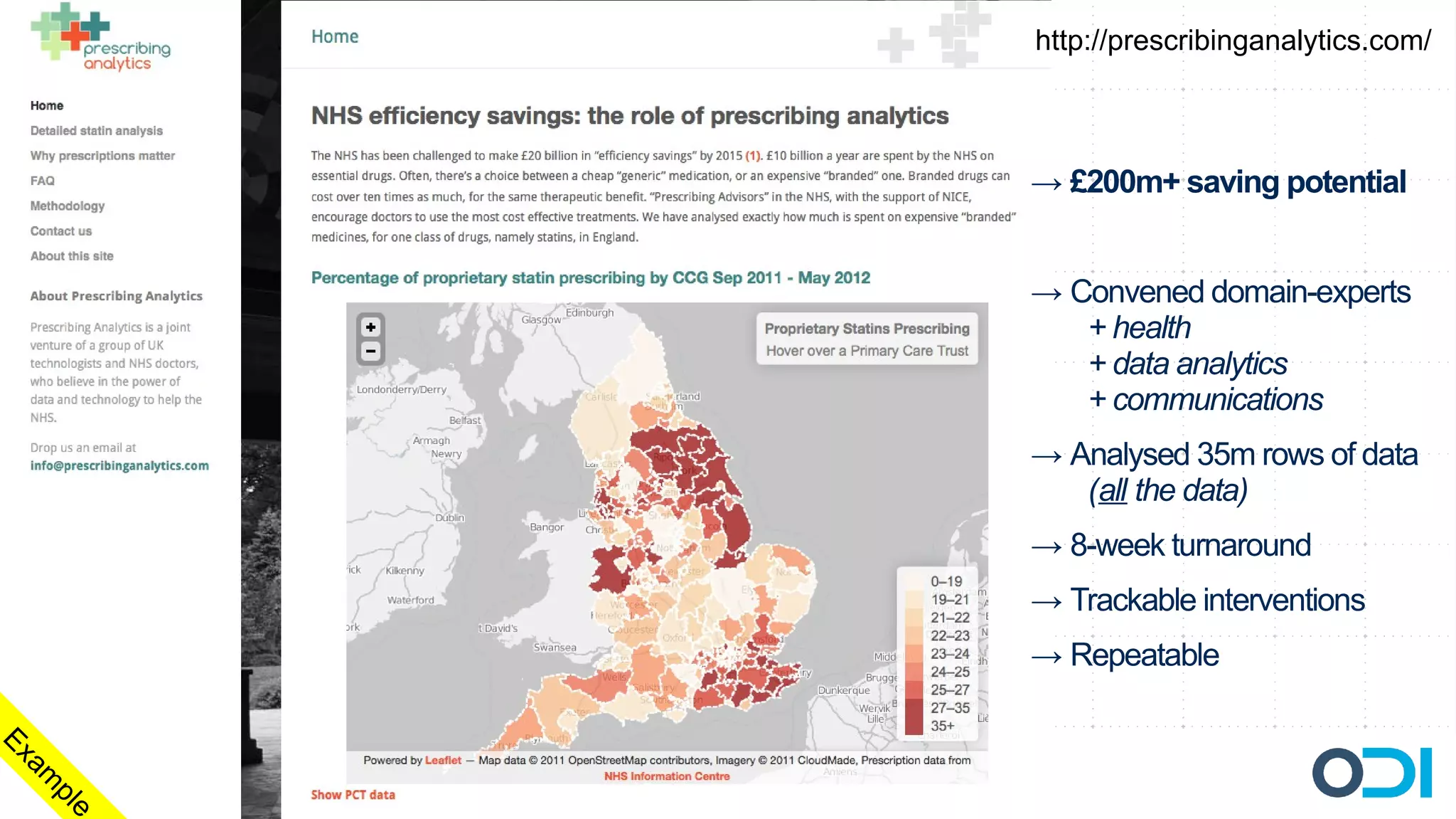 http://prescribinganalytics.com/



             → £200m+ saving potential


             → Convened domain-experts
                + health
                + data analytics
                + communications
             → Analysed 35m rows of data
                (all the data)
             → 8-week turnaround
             → Trackable interventions
             → Repeatable

Ex
  am
    pl
         e
 