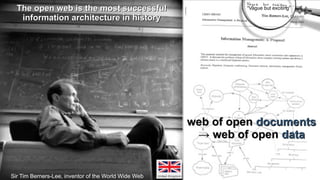 The open web is the most successful                          “Vague but exciting”

   information architecture in history




                                                      web of open documents
                                                       → web of open data


Sir Tim Berners-Lee, inventor of the World Wide Web
 