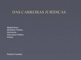DAS CARREIRAS JURÍDICAS


Magistratura
Ministério Público
Advocacia
Advocacia Pública
Outras




Rodinei Candeia
                               3
 