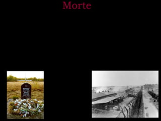 Morte 
• No campo de concentração de Bergen –Belsen a comida era escassa 
e roubos de roupa e comida eram constantes. Além das formas de 
matar que os próprios Nazistas inventaram como a Câmara de Gás, 
as péssimas condições de higiene ocasionadas não somente pela 
falta de banho e limpeza, mas também pelas cinzas espalhadas dos 
corpos que eram queimados em fogueiras abertas, propiciou uma 
epidemia de Tifo que irrompeu no inverno de 1944-45. 
• Cerca de setenta mil pessoas morreram em Bergen-Belsen. Entre 
elas conta-se Anne Frank e a sua irmã Margot Frank, que morreram 
ali em Março de 1945. 
Sepultura 
simbólica 
de Anne 
Frank. 
 