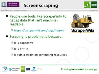 Screenscraping
Digital Enterprise Research Institute                                     www.deri.ie



           People use tools like ScraperWiki to
            get at data that isn't machine-
            readable
                 https://scraperwiki.com/tags/ireland

           Scraping is problematic because:
                 It is expensive

                 It is brittle

                 It puts a strain on computing resources




                                                    Enabling Networked Knowledge
 