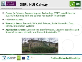 DERI, NUI Galway
Digital Enterprise Research Institute                                      www.deri.ie



       Centre for Science, Engineering and Technology (CSET) established in
        2003 with funding from the Science Foundation Ireland (SFI)
       ~130 researchers
       Research Areas: Semantic Web, Web Science, Social Networks, Data
        Mining, Information Systems
       Application Areas: eGovernment, Bioinformatics, Security, eBusiness and
        financial services, eHealth, and Green & Sustainable IT.




                                                    Enabling Networked Knowledge
 