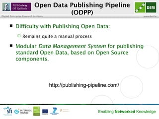 Open Data Publishing Pipeline
Digital Enterprise Research Institute
                                       (ODPP)                                      www.deri.ie



           Difficulty with Publishing Open Data:
                 Remains quite a manual process

           Modular Data Management System for publishing
            standard Open Data, based on Open Source
            components.



                                        http://publishing-pipeline.com/



                                                             Enabling Networked Knowledge
 