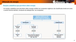 Obtenção de energia
Reações catabólicas que permitem obter energia
As reações catabólicas que permitem obter energia contida nos compostos orgânicos são classificadas tendo em conta
o acetor final de eletrões, resultante da oxidação des- ses compostos.
 