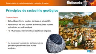 Princípios do raciocínio geológico
Catastrofismo
• Defendido por Cuvier e outros cientistas do século XIX.
• As mudanças na Terra ocorrem de forma súbita e violenta,
podendo ter um carácter global.
• Foi influenciado pela interpretação dos textos religiosos.
Dos princípios do raciocínio geológico à tectónica de placas
• As mudanças bruscas são as responsáveis
pela extinção em massa de muitas
espécies.
 