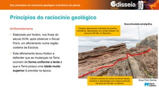 Princípios do raciocínio geológico
Uniformitarismo
• Elaborado por Hutton, nos finais do
século XVIII, após observar o Siccar
Point, um afloramento numa região
costeira da Escócia.
• Este afloramento levou Hutton a
defender que as mudanças na Terra
ocorrem de forma uniforme e lenta e
que a Terra possui uma idade muito
superior à prevista na época.
Dos princípios do raciocínio geológico à tectónica de placas
Estratos ligeiramente inclinados de arenitos
vermelhos, depositados num antigo deserto, há
cerca de 345 Ma, no Devónico.
Estratos verticais de rochas contendo fósseis
marinhos e depositadas num oceano profundo,
há cerca de 425 Ma, no Silúrico.
Descontinuidade estratigráfica
Siccar Point. Escócia
 