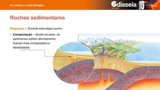 Diagénese – Durante esta etapa ocorre:
• Compactação – devido ao peso, os
sedimentos sofrem afundamento,
ficando mais compactados e
desidratados.
As rochas e o ciclo litológico
Rochas sedimentares
 
