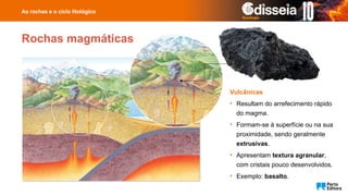 Rochas magmáticas
Vulcânicas
• Resultam do arrefecimento rápido
do magma.
• Formam-se à superfície ou na sua
proximidade, sendo geralmente
extrusivas.
• Apresentam textura agranular,
com cristais pouco desenvolvidos.
• Exemplo: basalto.
As rochas e o ciclo litológico
 