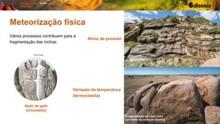 Variação da temperatura
(termoclastia)
Alívio de pressão
Meteorização física
Vários processos contribuem para a
fragmentação das rochas:
Fragmentação de uma rocha
por efeito da variação térmica.
Ação do gelo
(crioclastia)
 