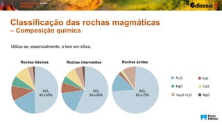 Classificação das rochas magmáticas
– Composição química
Utiliza-se, essencialmente, o teor em sílica:
Rochas básicas Rochas intermédias Rochas ácidas
 