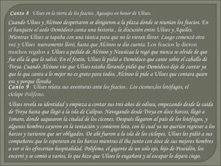 Canto 8 Ulises en la tierra de los feacios. Agasajos en honor de Ulises.
Cuando Ulises y Alcínoo despertaron se dirigieron a la plaza donde se reunían los feacios. En
el banquete el aedo Demódoco canta una historia , la discusión entre Ulises y Aquiles.
Mientras Ulises se tapaba con una túnica para que no lo vieran llorar. Luego comenzó otra
vez y Ulises nuevamente lloró, hasta que Alcínoo se dio cuenta. Los feacios le dieron
muchos regalos a Ulises a pedido de Alcínoo y Nausícaa le rogó que nunca se olvide de que
fue ella la que lo salvó. En el festín, Ulises le pidió a Demódoco que cante sobre el caballo de
Troya. Cuando Alcínoo vio que Ulises estaba llorando pidió que Demódoco deje de cantar ya
que lo que canta a lo mejor no es grato para todos. Alcínoo le pide a Ulises que contara quien
era y porque lloraba
Canto 9 Ulises relata sus aventuras ante los feacios . Los cicones,los lotófagos, el
cíclope Polífemo.
Ulises revela su identidad y empieza a contar sus tres años de odisea, empezando desde la caída
de Troya hasta que llegó a la isla de Calipso. Navegando desde Troya en doce barcos, llegó a
Ismaro, donde saquearon la ciudad de los cícones. Después llegaron al país de los lotófagos, y
algunos hombres cayeron en la tentación y comieron loto, con lo cual ya no querían regresar a los
barcos y tuvieron que ser obligados. De ahí fueron a la isla de los cíclopes. Ulises les pidió a sus
compañeros que lo esperaran en los barcos mientras él iba junto con doce de sus mejores hombres
a ver si les ofrecerían hospitalidad. Polifemo, el gigante de un solo ojo, hijo de Poseidón, los
encerró y se comió a varios, lo que hizo que Ulises lo engañara y al escapar lo dejara ciego.
 