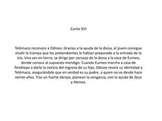 Canto XVI

Telémaco reconoce a Odiseo. Gracias a la ayuda de la diosa, el joven consigue
eludir la trampa que los pretendientes le habían preparado a la entrada de la
isla. Una vez en tierra, se dirige por consejo de la diosa a la casa de Eumeo,
donde conoce al supuesto mendigo. Cuando Eumeo marcha a casa de
Penélope a darle la noticia del regreso de su hijo, Odiseo revela su identidad a
Telémaco, asegurándole que en verdad es su padre, a quien no ve desde hace
veinte años. Tras un fuerte abrazo, planean la venganza, con la ayuda de Zeus
y Atenea.

 
