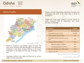 3
→ Ganjam, Cuttack, Mayurbhanj, Baleshwar, Khordha and
Sundargarh are some of the large cities in terms of
population.
→ Odisha has three major seasons, summer (March to
June), monsoon (July to September) and winter
(October to February).
→ Odisha is located in the Eastern region of India. The
state shares borders with West Bengal in the Northeast,
Jharkhand in the North, Andhra Pradesh in the South,
Chattisgarh in the West, and the Bay of Bengal in the
East.
→ Languages spoken in the state are Oriya and its various
dialects, Hindi and English.
Parameters Odisha
Capital Bhubaneswar
Geographical area (sq km) 155,707
Administrative districts (No) 30
Population density (persons per sq
km)*
269
Total population (million)* 41.9
Male population (million)* 21.2
Female population (million)* 20.7
Sex ratio (females per 1,000 males)* 978
Literacy rate (%)* 73.5
Odisha
SCENIC . SERENE . SUBLIME
Sources: Economic Survey of Odisha, 2011-
12,
*Provisional Data – Census 2011
For updated information, please visit www.ibef.org ODISHA – AN INTRODUCTION
Odisha Factfile
AUGUST
2012
Source: Maps of India
 