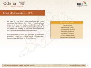 34
Industrial Infrastructure … (1/3)
SCENIC . SERENE . SUBLIME
For updated information, please visit www.ibef.org INFRASTRUCTURE STATUS
→ As part of the State Government-enacted Orissa
Industries (Facilitation) Act, 2004, a single-window
clearance system was implemented in the state. This
was done with the aim of facilitating the growth of
industries and creating an attractive environment for
both domestic and international investments.
→ The Government of India has identified locations such
as Duburi, Chhatrapur, Kalinga Nagar (Bhubaneswar),
Jharsuguda and Kesinga as ‘Growth Centres’.
Key Industrial Zones
Talcher-Angul
Kalinganagar-Duburi
Bhubaneshwar-Khurda
Rayagada-Sunabeda
Gopalpur-Chatrapur
Paradip-Jagatsinghpur
Jharsuguda-Brajarajnagar
Odisha
AUGUST
2012
 