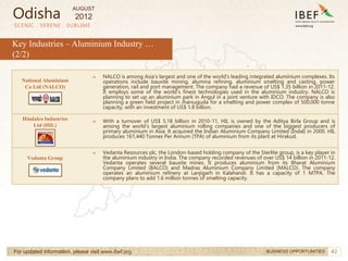 42
SCENIC . SERENE . SUBLIME
For updated information, please visit www.ibef.org BUSINESS OPPORTUNITIES
→ NALCO is among Asia's largest and one of the world's leading integrated aluminium complexes. Its
operations include bauxite mining, alumina refining, aluminium smelting and casting, power
generation, rail and port management. The company had a revenue of US$ 1.35 billion in 2011-12.
It employs some of the world’s finest technologies used in the aluminium industry. NALCO is
planning to set up an aluminium park in Angul in a joint venture with IDCO. The company is also
planning a green field project in Jharsuguda for a smelting and power complex of 500,000 tonne
capacity, with an investment of US$ 1.8 billion.
→ With a turnover of US$ 5.18 billion in 2010-11, HIL is owned by the Aditya Birla Group and is
among the world's largest aluminium rolling companies and one of the biggest producers of
primary aluminium in Asia. It acquired the Indian Aluminium Company Limited (Indal) in 2000. HIL
produces 161,440 Tonnes Per Annum (TPA) of aluminium from its plant at Hirakud.
→ Vedanta Resources plc, the London-based holding company of the Sterlite group, is a key player in
the aluminium industry in India. The company recorded revenues of over US$ 14 billion in 2011-12.
Vedanta operates several bauxite mines. It produces aluminium from its Bharat Aluminium
Company Limited (BALCO) and Madras Aluminium Company Limited (MALCO). The company
operates an aluminium refinery at Lanjigarh in Kalahandi. It has a capacity of 1 MTPA. The
company plans to add 1.6 million tonnes of smelting capacity.
National Aluminium
Co Ltd (NALCO)
Hindalco Industries
Ltd (HIL)
Vedanta Group
Key Industries – Aluminium Industry …
(2/2)
Odisha
AUGUST
2012
 