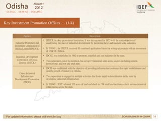 54
SCENIC . SERENE . SUBLIME
For updated information, please visit www.ibef.org
Key Investment Promotion Offices … (1/4)
Agency Description
Industrial Promotion and
Investment Corporation of
Odisha Limited (IPICOL)
• IPICOL is a key promotional institution. It was incorporated in 1973 with the main objective of
accelerating the pace of industrial development by promoting large and medium scale industries.
• In 2010-11, the IPICOL received 83 combined application forms for setting up projects with an investment
of US$ 54.1 billion.
Industrial Development
Corporation of Orissa
Limited (IDCOL)
• IDCOL was established in 1962 to promote, establish and run industries in the state.
• The corporation, since its inception, has set up 15 industrial units across sectors including cement,
ferrochrome, pig iron and spun pipe.
Orissa Industrial
Infrastructure
Development Corporation
(IDCO)
• IDCO was established with the objective of providing infrastructure assistance for rapid establishment and
orderly growth of industry in Odisha.
• The corporation is engaged in multiple activities that foster rapid industrialisation in the state by
developing industrial infrastructure.
• In 2010-11, IDCO allotted 335 acres of land and sheds to 174 small and medium units in various industrial
estates/areas across the state.
DOING BUSINESS IN ODISHA
Odisha
AUGUST
2012
 