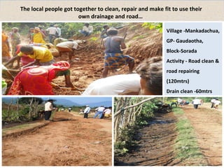 The local people got together to clean, repair and make fit to use their 
Village -Mankadachua, 
GP- Gaudaotha, 
Block-Sorada 
Activity - Road clean & 
road repairing 
(120mtrs) 
Drain clean -60mtrs 
own drainage and road… 
 