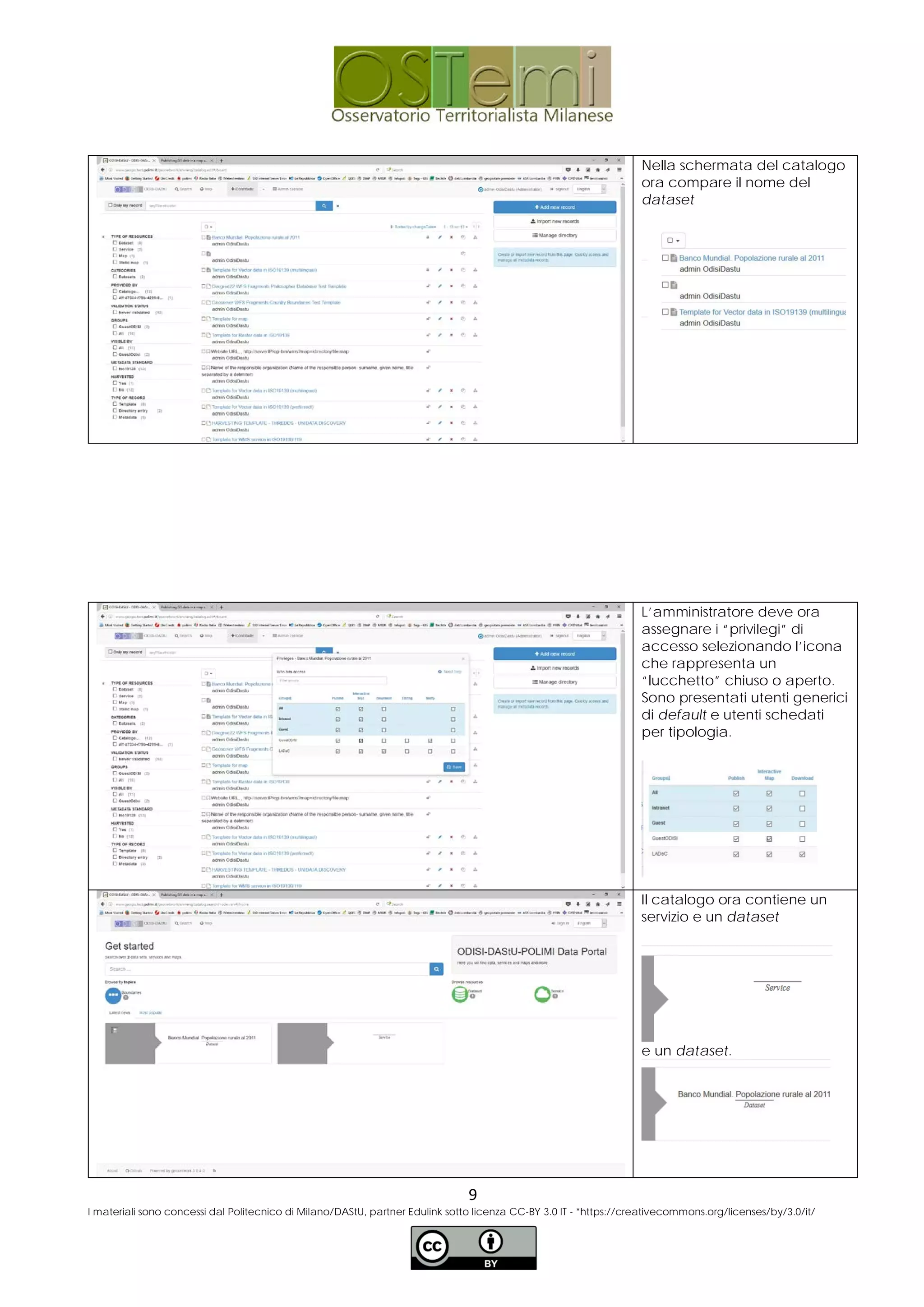 Nella schermata del catalogo
ora compare il nome del
dataset
L’amministratore deve ora
assegnare i “privilegi” di
accesso selezionando l’icona
che rappresenta un
“lucchetto” chiuso o aperto.
Sono presentati utenti generici
di default e utenti schedati
per tipologia.
Il catalogo ora contiene un
servizio e un dataset
e un dataset.
9
I materiali sono concessi dal Politecnico di Milano/DAStU, partner Edulink sotto licenza CC-BY 3.0 IT - *https://creativecommons.org/licenses/by/3.0/it/
 