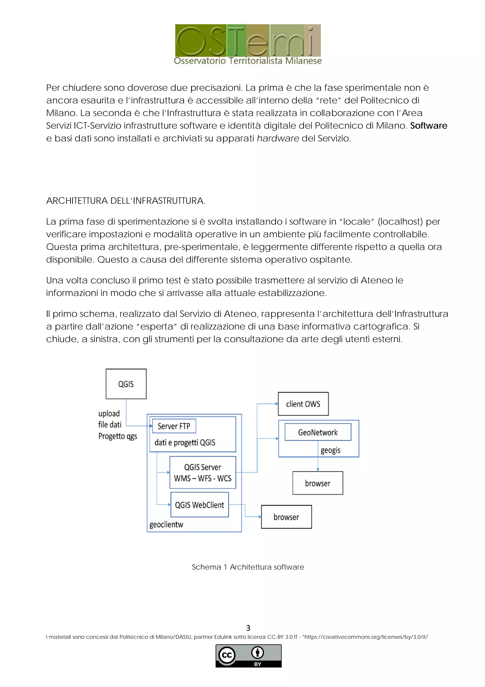 Per chiudere sono doverose due precisazioni. La prima è che la fase sperimentale non è
ancora esaurita e l’infrastruttura è accessibile all’interno della “rete” del Politecnico di
Milano. La seconda è che l’Infrastruttura è stata realizzata in collaborazione con l’Area
Servizi ICT-Servizio infrastrutture software e identità digitale del Politecnico di Milano. Software
e basi dati sono installati e archiviati su apparati hardware del Servizio.
ARCHITETTURA DELL’INFRASTRUTTURA.
La prima fase di sperimentazione si è svolta installando i software in “locale” (localhost) per
verificare impostazioni e modalità operative in un ambiente più facilmente controllabile.
Questa prima architettura, pre-sperimentale, è leggermente differente rispetto a quella ora
disponibile. Questo a causa del differente sistema operativo ospitante.
Una volta concluso il primo test è stato possibile trasmettere al servizio di Ateneo le
informazioni in modo che si arrivasse alla attuale estabilizzazione.
Il primo schema, realizzato dal Servizio di Ateneo, rappresenta l’architettura dell’Infrastruttura
a partire dall’azione “esperta” di realizzazione di una base informativa cartografica. Si
chiude, a sinistra, con gli strumenti per la consultazione da arte degli utenti esterni.
Schema 1 Architettura software
3
I materiali sono concessi dal Politecnico di Milano/DAStU, partner Edulink sotto licenza CC-BY 3.0 IT - *https://creativecommons.org/licenses/by/3.0/it/
 