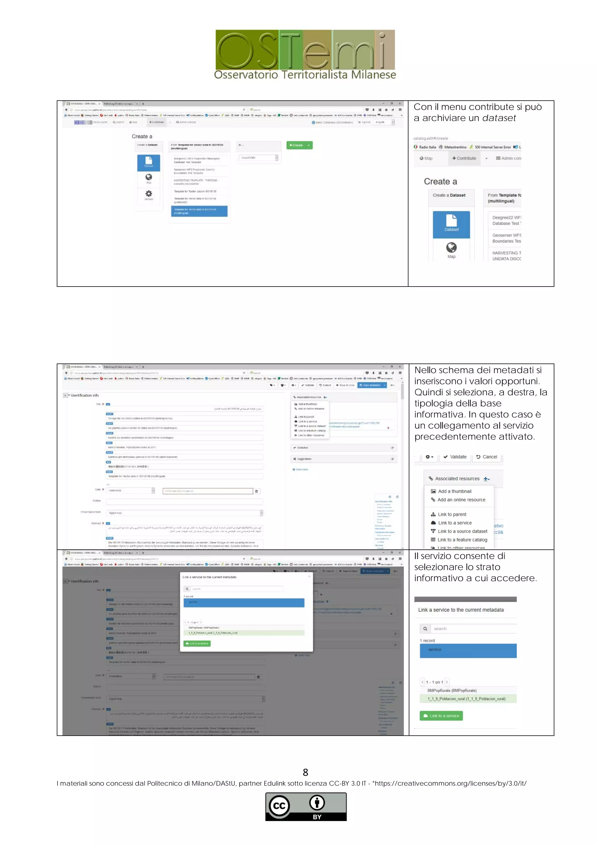 Con il menu contribute si può
a archiviare un dataset
Nello schema dei metadati si
inseriscono i valori opportuni.
Quindi si seleziona, a destra, la
tipologia della base
informativa. In questo caso è
un collegamento al servizio
precedentemente attivato.
Il servizio consente di
selezionare lo strato
informativo a cui accedere.
8
I materiali sono concessi dal Politecnico di Milano/DAStU, partner Edulink sotto licenza CC-BY 3.0 IT - *https://creativecommons.org/licenses/by/3.0/it/
 