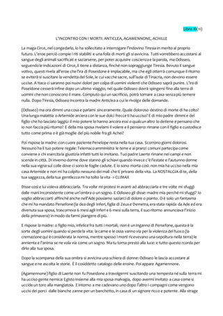 Libro XI(11)
L’INCONTRO CON I MORTI: ANTICLEA, AGAMENNONE, ACHILLE
La maga Circe, nel congedarlo, lo ha sollecitato a interrogare l’indovino Tiresia in merito al proprio
futuro. L’eroe perciò compie i riti stabiliti e una folla di morti gli si avvicina. Tutti vorrebbero accostarsi al
sangue degli animali sacrificati e saziarsene, per poter acquisire coscienzae la parola, ma Odisseo,
seguendole indicazioni di Circe,li tiene a distanza, finché non sopraggiunge Tiresia. Bevuto il sangue
votivo, questi rivela all’eroe che l’ira di Poseidone è implacabile, ma che egli otterrà comunque il ritorno
se eviterà si suscitare la vendetta del Sole,le cui vacche sacre, sull’isola di Tinacria, non devono essere
uccise.A Itaca ci saranno poi nuovi dolori per colpa di uomini violenti che Odisseo saprà punire. L’ira di
Poseidone cesserà infine dopo un ultimo viaggio, nel quale Odisseo dovrà spingersi fino alla terra di
uomini che non conoscono il mare. Compiuto qui un sacrificio, potrà tornare a casa senzapiù temere
nulla. Dopo Tiresia, Odisseo incontra la madre Anticlea a cui le rivolge delle domande.
(Odisseo) ma ora dimmi una cosa e parlami sinceramente.Quale doloroso destino di morte di ha colto?
Una lunga malattia o Artemide arciera con le sue dolci frecce ti ha ucciso? E di mio padre dimmi e del
figlio che ho lasciato laggiù: il mio potere lo hanno ancora essi o qualcun altro lo detiene e pensano che
io non faccia più ritorno? E della mia sposa rivelami il volere e il pensiero: rimane con il figlio e custodisce
tutto come prima o è già moglie del più nobile fra gli Achei?
Poi rispose la madre: con cuore paziente Penelope resta nella tua casa. Scorrono giorni dolorosi.
Nessuno ha il tuo potere regale:Telemacoamministra le terre e ai pranzi comuni partecipa come
conviene a chi esercitala giustizia infatti tutti lo invitano. Tuo padre Laerte rimane nei campi e non
scende in città. Di inverno dorme dove stanno gli schiavi quando invece c’è l’estate e l’autunno dorme
nella sua vigna sul colle dove ci sono le foglie cadute. E io sono morta così: non mia ha ucciso nella mia
casa Artemide e non mi ha colpito nessuno dei mali che ti privano della vita. La NOSTALGIA di te, della
tua saggezza,della tua gentilezzami ha tolto la vita -> CLIMAX
Disse così e lui voleva abbracciarla. Tra volte mi protesi in avanti ad abbracciarla e tre volte mi sfuggì
dalle mani inconsistente come un’ombra o un sogno. E Odisseo gli disse: madre mia perché mi sfuggi? Io
voglio abbracciarti affinché anche nell’Ade possiamo saziarci di dolore o pianto. O è solo un fantasma
che mi ha mandato Persefone (la dea degli Inferi,figlia di Zeuse Demetra,era stata rapida da Ade ed era
divenuta sua sposa, trascorreva 6 mesi agli Inferi e 6 mesi sulla terra, il suo ritorno annunciava l’inizio
della primavera) in modo da farmi piangere di più.
E rispose la madre: o figlio mio, infelice fra tutti i mortali, non è un inganno di Persefone,questa è la
sorte degli uomini quando si perde la vita: la carne e le ossa vanno via per la violenza del fuoco (la
cremazione qui è considerata la norma, mentre spesso i morti ricevevano una sepoltura nella terra) le
annienta e l’anima se ne vola via come un sogno. Ma tu torna presto alla luce:e tutto questo rcorda per
dirlo alla tua sposa.
Dopo la scomparsa della sua ombra si avvicina una schiera di donne:Odisseo le lascia accostare al
sangue e ne ascolta le storie. È il cosiddetto catalogo delle eroine. Poi appare Agamennone.
(Agamennone) figlio di Laerte non fu Poseidone a travolgermi suscitando una tempesta né sulla terra mi
ha ucciso gente nemica:Egisto insieme alla mia sposa malvagia, dopo avermi invitato a casa come si
uccide un toro alla mangiatoia. Eintorno a me cadevano uno dopo l’altro i compagni come vengono
uccisi dei porci dalle bianche zanne per un banchetto, in casa di un signore ricco e potente. Alla strage
 