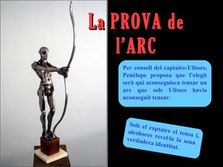 La PROVA de
    l’ARC
   Per consell del captaire-Ulisses,
   Penèlope proposa que l’elegit
   serà qui aconseguisca tensar un
   arc que sols Ulisses havia
   aconseguit tensar.



     Sols el
              captair
    aleshor           e el ten
             es reve           sa i,
    verdade          l·la la s
             ra iden          eua
                     titat.
 
