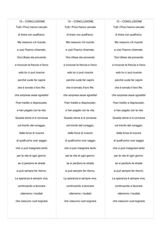 10 – CONCLUSIONE
Tutti i Proci hanno cercato
di tirare con quell'arco.
Ma nessuno c'è riuscito
e così l'hanno chiamato.
Ora Ulisse sta provando
a incoccar la freccia e l'arco
solo lui ci può riuscire
perché vuole far capire
che è tornato il loro Re:
che sorpresa assai sgradita!
l'han tradito e disprezzato:
e han pagato con la vita.
Questa storia si è conclusa
col trionfo del coraggio,
della forza di riuscire
di quell'uomo così saggio
che ci può insegnare tanto
per la vita di ogni giorno:
se si perdono le strade
si può sempre far ritorno.
La speranza è sempre viva,
continuando a lavorare
otterremo i risultati
che ciascuno vuol sognare.
10 – CONCLUSIONE
Tutti i Proci hanno cercato
di tirare con quell'arco.
Ma nessuno c'è riuscito
e così l'hanno chiamato.
Ora Ulisse sta provando
a incoccar la freccia e l'arco
solo lui ci può riuscire
perché vuole far capire
che è tornato il loro Re:
che sorpresa assai sgradita!
l'han tradito e disprezzato:
e han pagato con la vita.
Questa storia si è conclusa
col trionfo del coraggio,
della forza di riuscire
di quell'uomo così saggio
che ci può insegnare tanto
per la vita di ogni giorno:
se si perdono le strade
si può sempre far ritorno.
La speranza è sempre viva,
continuando a lavorare
otterremo i risultati
che ciascuno vuol sognare.
10 – CONCLUSIONE
Tutti i Proci hanno cercato
di tirare con quell'arco.
Ma nessuno c'è riuscito
e così l'hanno chiamato.
Ora Ulisse sta provando
a incoccar la freccia e l'arco
solo lui ci può riuscire
perché vuole far capire
che è tornato il loro Re:
che sorpresa assai sgradita!
l'han tradito e disprezzato:
e han pagato con la vita.
Questa storia si è conclusa
col trionfo del coraggio,
della forza di riuscire
di quell'uomo così saggio
che ci può insegnare tanto
per la vita di ogni giorno:
se si perdono le strade
si può sempre far ritorno.
La speranza è sempre viva,
continuando a lavorare
otterremo i risultati
che ciascuno vuol sognare.
 