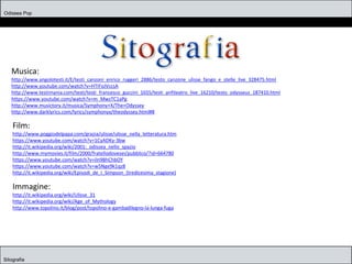 Odissea Pop
Sitografia
Musica:
http://www.angolotesti.it/E/testi_canzoni_enrico_ruggeri_2886/testo_canzone_ulisse_fango_e_stelle_live_328475.html
http://www.youtube.com/watch?v=HTIFoJVccsA
http://www.testimania.com/testi/testi_francesco_guccini_1655/testi_anfiteatro_live_16210/testo_odysseus_187410.html
https://www.youtube.com/watch?v=m_MwzTC1aPg
http://www.musictory.it/musica/Symphony+X/The+Odyssey
http://www.darklyrics.com/lyrics/symphonyx/theodyssey.html#8
Film:
http://www.poggiodelpapa.com/grazia/ulisse/ulisse_nella_letteratura.htm
https://www.youtube.com/watch?v=1CyADKy-3bw
http://it.wikipedia.org/wiki/2001:_odissea_nello_spazio
http://www.mymovies.it/film/2000/fratellodovesei/pubblico/?id=664780
https://www.youtube.com/watch?v=iln9BhChbOY
https://www.youtube.com/watch?v=w5Nge9k1qz8
http://it.wikipedia.org/wiki/Episodi_de_I_Simpson_(tredicesima_stagione)
Immagine:
http://it.wikipedia.org/wiki/Ulisse_31
http://it.wikipedia.org/wiki/Age_of_Mythology
http://www.topolino.it/blog/post/topolino-e-gambadilegno-la-lunga-fuga
 