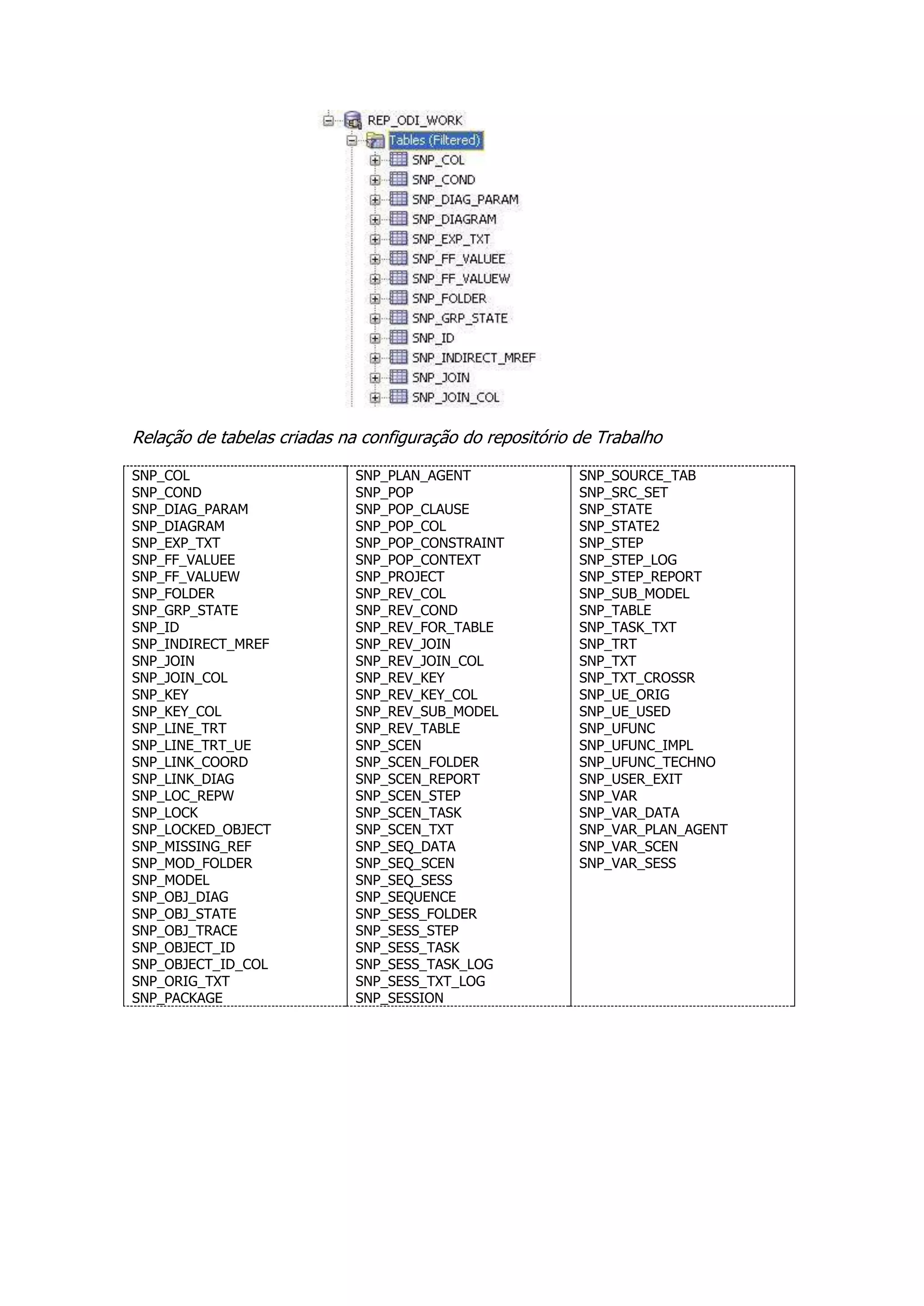 Relação de tabelas criadas na configuração do repositório de Trabalho

SNP_COL                      SNP_PLAN_AGENT               SNP_SOURCE_TAB
SNP_COND                     SNP_POP                      SNP_SRC_SET
SNP_DIAG_PARAM               SNP_POP_CLAUSE               SNP_STATE
SNP_DIAGRAM                  SNP_POP_COL                  SNP_STATE2
SNP_EXP_TXT                  SNP_POP_CONSTRAINT           SNP_STEP
SNP_FF_VALUEE                SNP_POP_CONTEXT              SNP_STEP_LOG
SNP_FF_VALUEW                SNP_PROJECT                  SNP_STEP_REPORT
SNP_FOLDER                   SNP_REV_COL                  SNP_SUB_MODEL
SNP_GRP_STATE                SNP_REV_COND                 SNP_TABLE
SNP_ID                       SNP_REV_FOR_TABLE            SNP_TASK_TXT
SNP_INDIRECT_MREF            SNP_REV_JOIN                 SNP_TRT
SNP_JOIN                     SNP_REV_JOIN_COL             SNP_TXT
SNP_JOIN_COL                 SNP_REV_KEY                  SNP_TXT_CROSSR
SNP_KEY                      SNP_REV_KEY_COL              SNP_UE_ORIG
SNP_KEY_COL                  SNP_REV_SUB_MODEL            SNP_UE_USED
SNP_LINE_TRT                 SNP_REV_TABLE                SNP_UFUNC
SNP_LINE_TRT_UE              SNP_SCEN                     SNP_UFUNC_IMPL
SNP_LINK_COORD               SNP_SCEN_FOLDER              SNP_UFUNC_TECHNO
SNP_LINK_DIAG                SNP_SCEN_REPORT              SNP_USER_EXIT
SNP_LOC_REPW                 SNP_SCEN_STEP                SNP_VAR
SNP_LOCK                     SNP_SCEN_TASK                SNP_VAR_DATA
SNP_LOCKED_OBJECT            SNP_SCEN_TXT                 SNP_VAR_PLAN_AGENT
SNP_MISSING_REF              SNP_SEQ_DATA                 SNP_VAR_SCEN
SNP_MOD_FOLDER               SNP_SEQ_SCEN                 SNP_VAR_SESS
SNP_MODEL                    SNP_SEQ_SESS
SNP_OBJ_DIAG                 SNP_SEQUENCE
SNP_OBJ_STATE                SNP_SESS_FOLDER
SNP_OBJ_TRACE                SNP_SESS_STEP
SNP_OBJECT_ID                SNP_SESS_TASK
SNP_OBJECT_ID_COL            SNP_SESS_TASK_LOG
SNP_ORIG_TXT                 SNP_SESS_TXT_LOG
SNP_PACKAGE                  SNP_SESSION
 