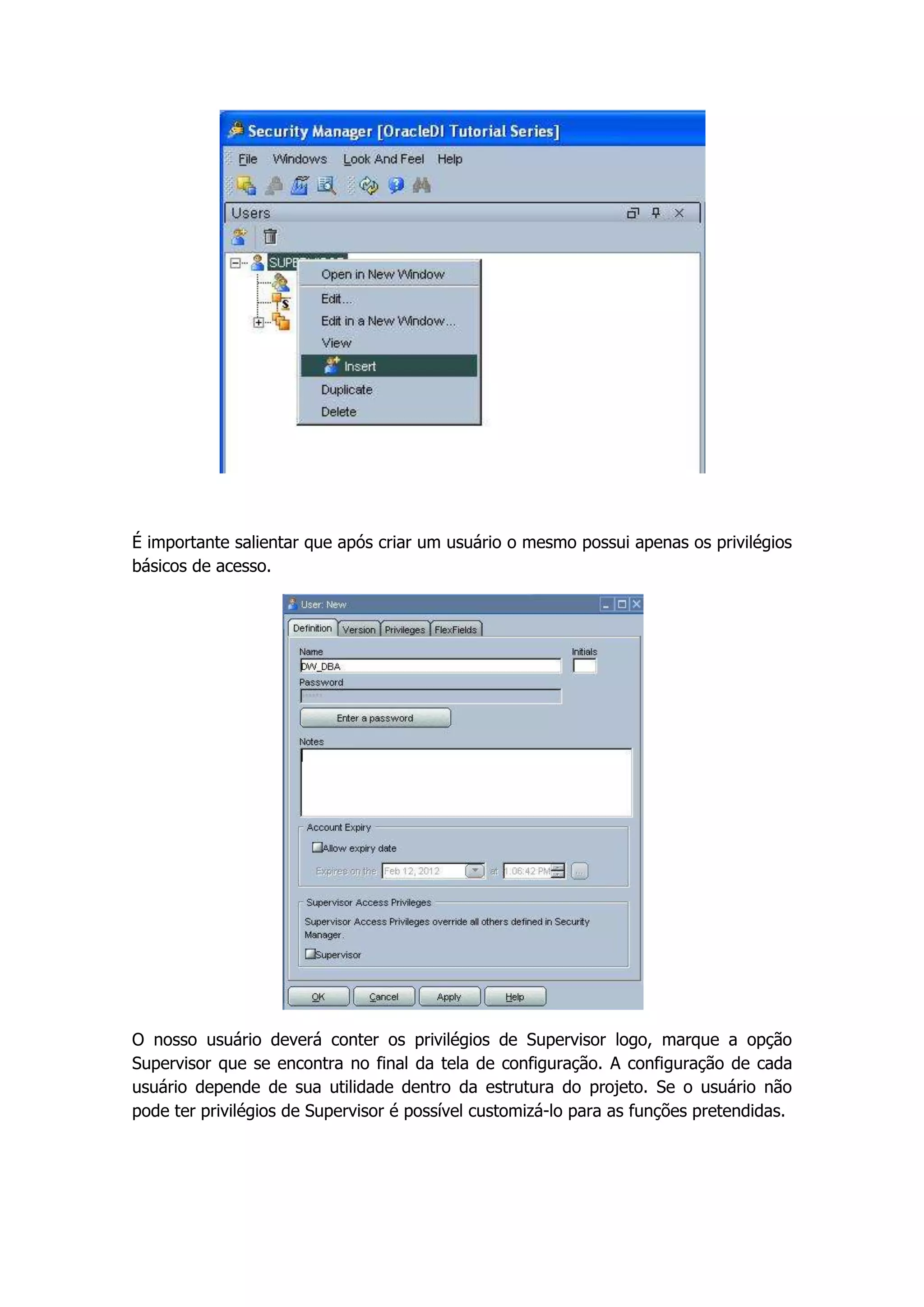 É importante salientar que após criar um usuário o mesmo possui apenas os privilégios
básicos de acesso.




O nosso usuário deverá conter os privilégios de Supervisor logo, marque a opção
Supervisor que se encontra no final da tela de configuração. A configuração de cada
usuário depende de sua utilidade dentro da estrutura do projeto. Se o usuário não
pode ter privilégios de Supervisor é possível customizá-lo para as funções pretendidas.
 