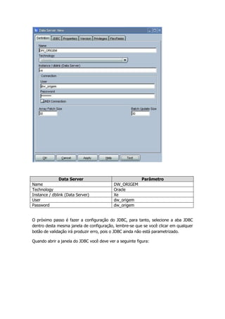 Data Server                                Parâmetro
Name                                       DW_ORIGEM
Technology                                 Oracle
Instance / dblink (Data Server)            Xe
User                                       dw_origem
Password                                   dw_origem


O próximo passo é fazer a configuração do JDBC, para tanto, selecione a aba JDBC
dentro desta mesma janela de configuração, lembre-se que se você clicar em qualquer
botão de validação irá produzir erro, pois o JDBC ainda não está parametrizado.

Quando abrir a janela do JDBC você deve ver a seguinte figura:
 