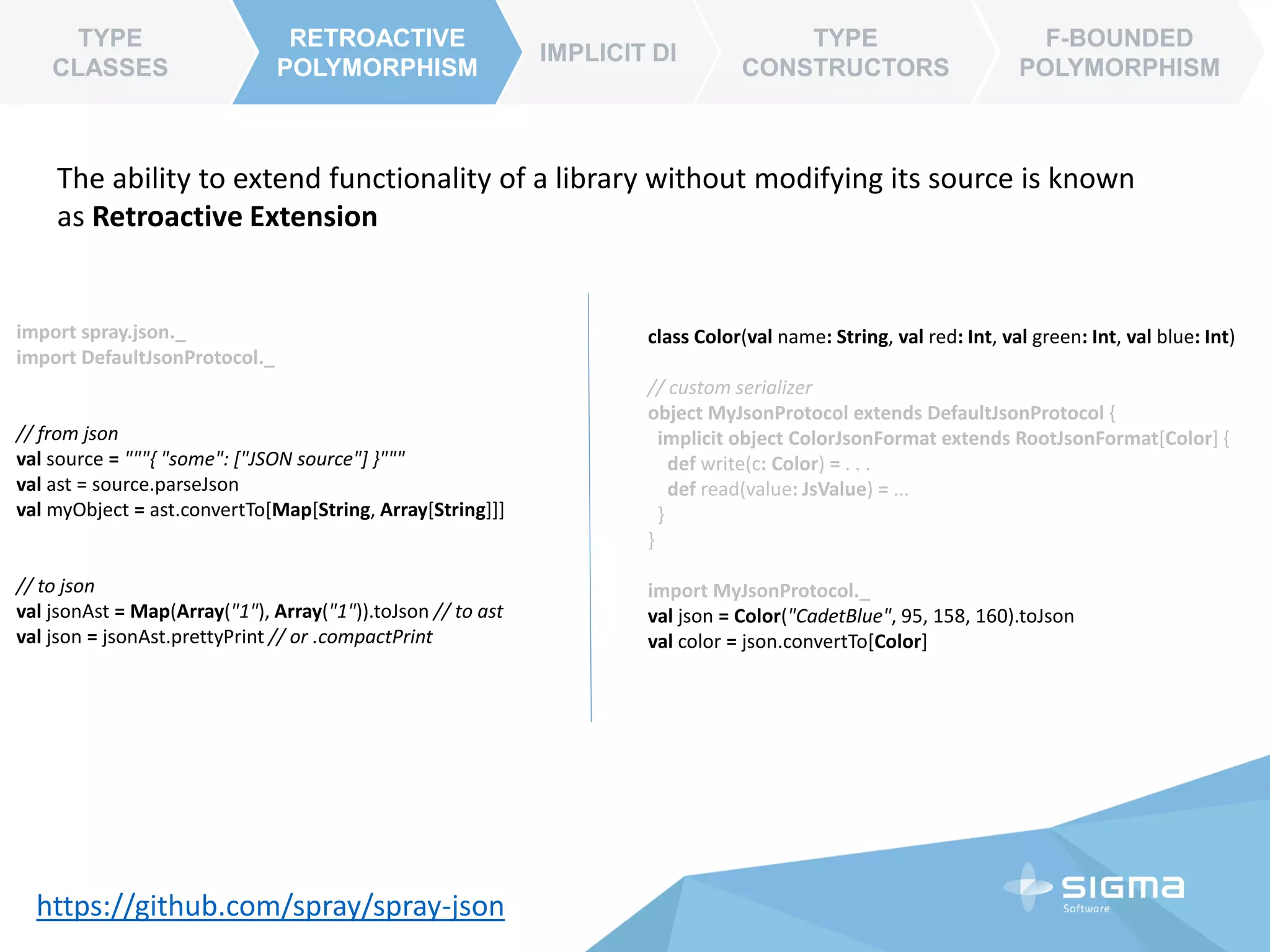 CAKE
PATTERN
CHAINING
POLYMORPHISM
DUCK
SUBTIPING
CHAINING
POLYMORPHISM
trait AbstractOperation { def run() }
class SaveToDataBaseOperation extends AbstractOperation {
override def run(): Unit = {
println("Save it to database")
}
}
// decorating with audit
trait AuditDecorator extends AbstractOperation {
abstract override def run(): Unit = {
println("Entering AuditDecorator")
super.run()
println("Leaving AuditDecorator")
}
}
// decorating with caching
trait CachingDecorator extends AbstractOperation {
abstract override def run(): Unit = {
println("Caching something")
super.run()
}
}
object MyApp extends App {
val operation =
new SaveToDataBaseOperation with CachingDecorator with AuditDecorator
operation.run()
}
OUTPUT:
>Entering AuditDecorator
>Caching something
>Save it to database
>Leaving AuditDecorator
 