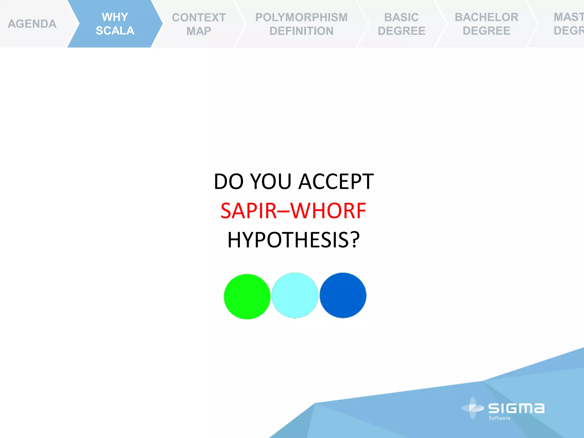 DO YOU ACCEPT
SAPIR–WHORF
HYPOTHESIS?
WHY
SCALA
CONTEXT
MAP
POLYMORPHISM
DEFINITION
BASIC
DEGREE
BACHELOR
DEGREE
MAST
DEGR
WHY
SCALA
AGENDA
 