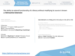 CAKE
PATTERN
CHAINING
POLYMORPHISM
DUCK
SUBTIPING
CHAINING
POLYMORPHISM
trait AbstractOperation { def run() }
class SaveToDataBaseOperation extends AbstractOperation {
override def run(): Unit = {
println("Save it to database")
}
}
// decorating with audit
trait AuditDecorator extends AbstractOperation {
abstract override def run(): Unit = {
println("Entering AuditDecorator")
super.run()
println("Leaving AuditDecorator")
}
}
// decorating with caching
trait CachingDecorator extends AbstractOperation {
abstract override def run(): Unit = {
println("Caching something")
super.run()
}
}
object MyApp extends App {
val operation =
new SaveToDataBaseOperation with CachingDecorator with AuditDecorator
operation.run()
}
OUTPUT:
>Entering AuditDecorator
>Caching something
>Save it to database
>Leaving AuditDecorator
 