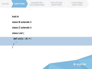 AD-HOC SUBTYPING
PARAMETRIC
POLYMORPHISM
REFLECTION
SUBTYPING
FUNCTIONAL
SUBTYPING
trait A
class B extends A
class C extends A
class List {
def add(a : A) = {
...
}
}
SUBTYPINGAD-HOC
 