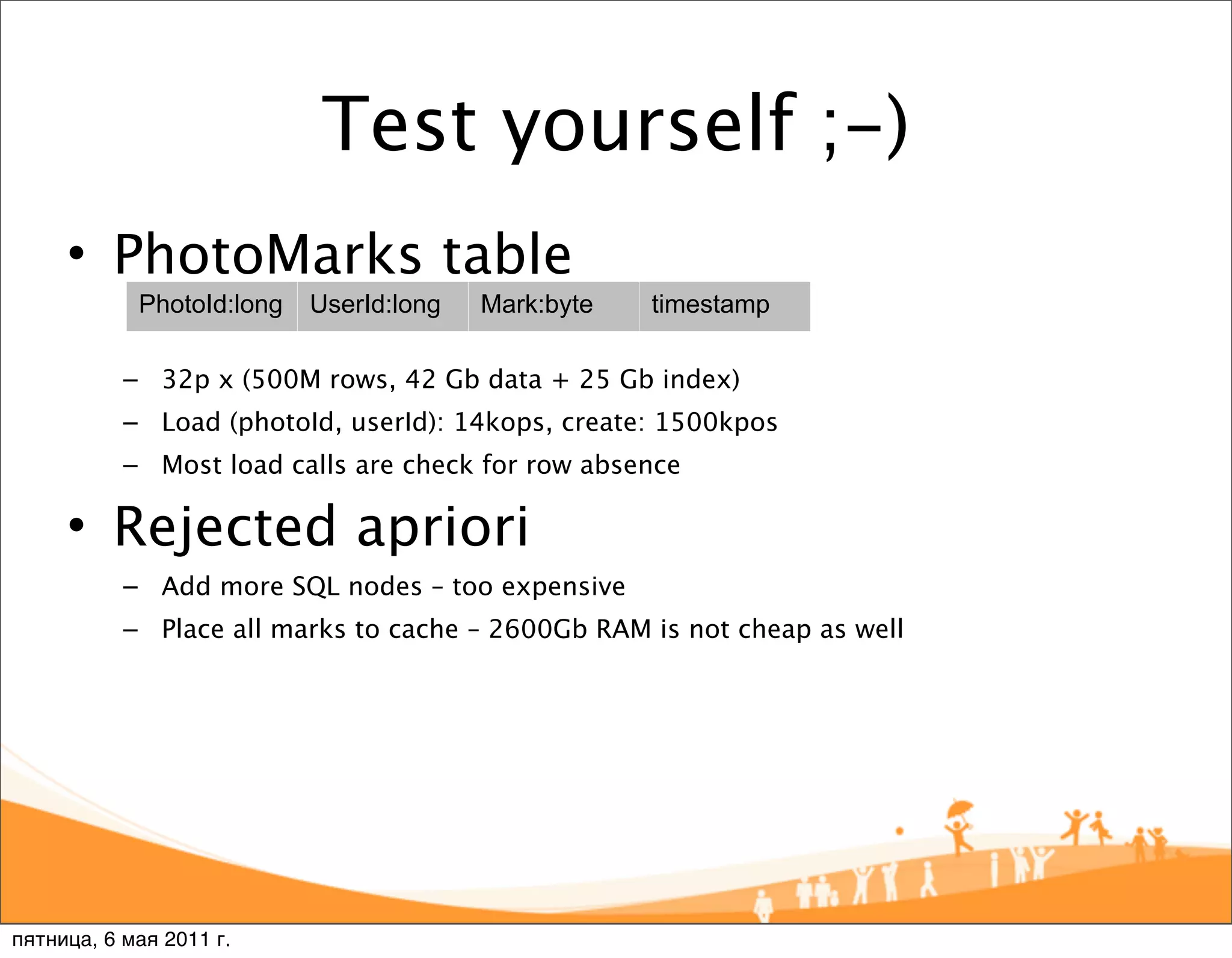 Test yourself ;-)
     • PhotoMarks table
            PhotoId:long   UserId:long   Mark:byte   timestamp

           – 32p x (500M rows, 42 Gb data + 25 Gb index)
           – Load (photoId, userId): 14kops, create: 1500kpos
           – Most load calls are check for row absence

     • Rejected apriori
           – Add more SQL nodes – too expensive
           – Place all marks to cache – 2600Gb RAM is not cheap as well




пятница, 6 мая 2011 г.
 