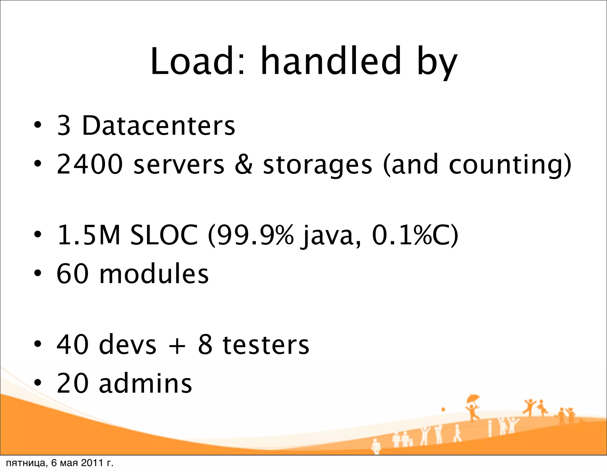 Load: handled by
     • 3 Datacenters
     • 2400 servers & storages (and counting)

     • 1.5M SLOC (99.9% java, 0.1%C)
     • 60 modules

     • 40 devs + 8 testers
     • 20 admins

пятница, 6 мая 2011 г.
 