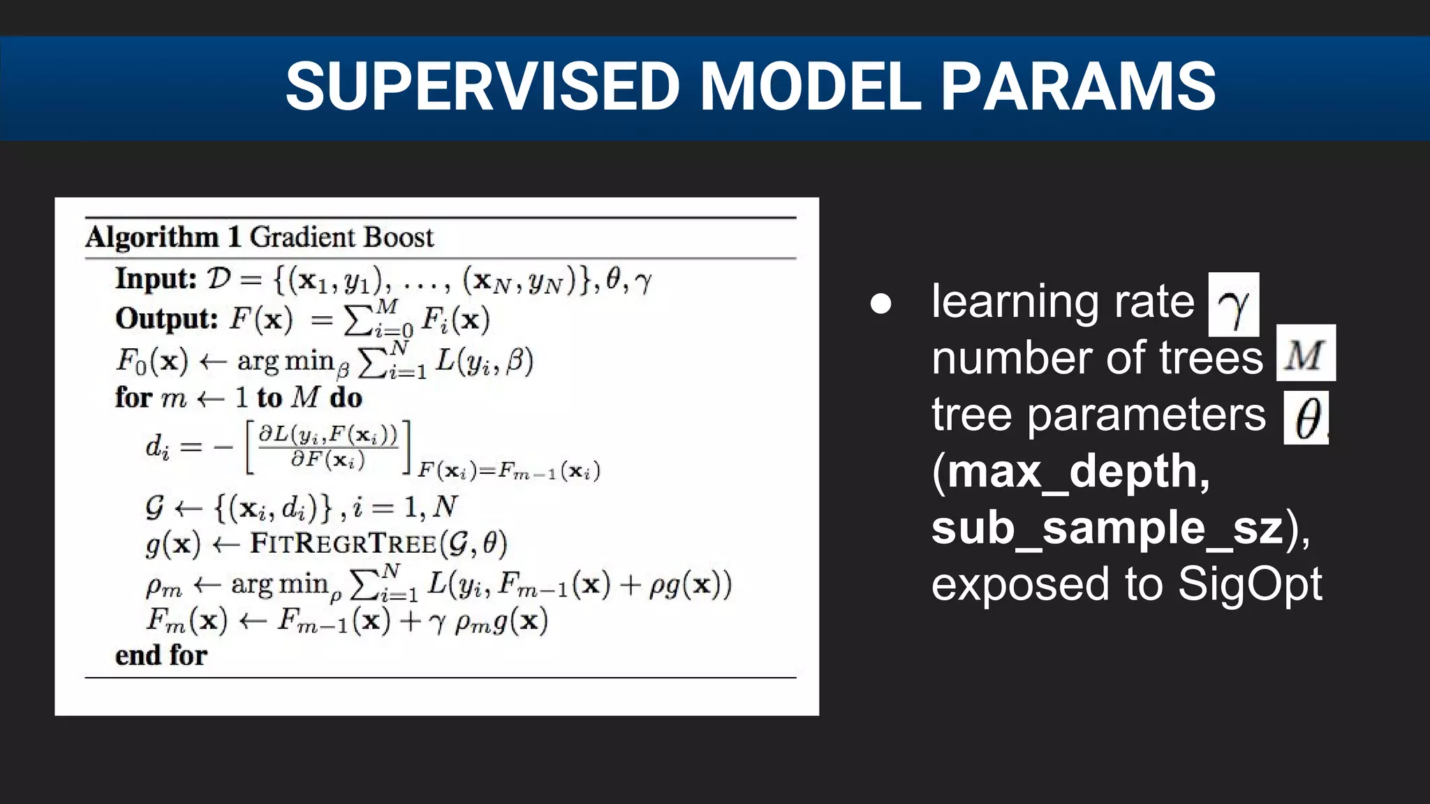 ● learning rate
number of trees
tree parameters
(max_depth,
sub_sample_sz),
exposed to SigOpt
SUPERVISED MODEL PARAMS
 