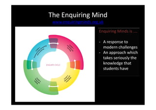 The Enquiring Mind
 www.enquiringminds.org.uk

                       Enquiring Minds is .…

                       - A response to
                         modern challenges
                       - An approach which
                         takes seriously the
                         knowledge that
                         students have
 