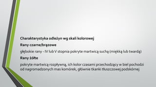 Charakterystyka odleżyn wg skali kolorowej
Rany czarne/brązowe
głębokie rany - IV lubV stopnia pokryte martwicą suchą (miękką lub twardą)
Rany żółte
pokryte martwicą rozpływną, ich kolor czasami przechodzący w biel pochodzi
od nagromadzonych mas komórek, głównie tkanki tłuszczowej podskórnej
 