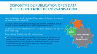 DISPOSITIFS DE PUBLICATION OPEN DATA
I/ LE SITE INTERNET DE L’ORGANISATION
La méthode la plus simple consiste à diffuser les jeux de données directement
sur le site web de la collectivité.
Un simple tableur constituant le catalogue des données pourra être associé à
des liens hypertextes permettant le téléchargement des fichiers.
Les données pourront être centralisées au sein d’une rubrique du site web, voir
d’une simple page.
Cette méthode de publication offre trois avantages :
 elle est peu onéreuse, elle est rapide à mettre en œuvre, elle permet de
faire porter à connaissance les jeux de données au plus près des citoyens.
Par exemple en recensant également les jeux de données sur les pages
thématiques du site web (comme la liste des PAVs sur la page
environnement / citoyenneté...).
Le site internet
de
l’organisation
Les
plateformes
de données
La plateforme
nationale
Data.gouv.fr
 